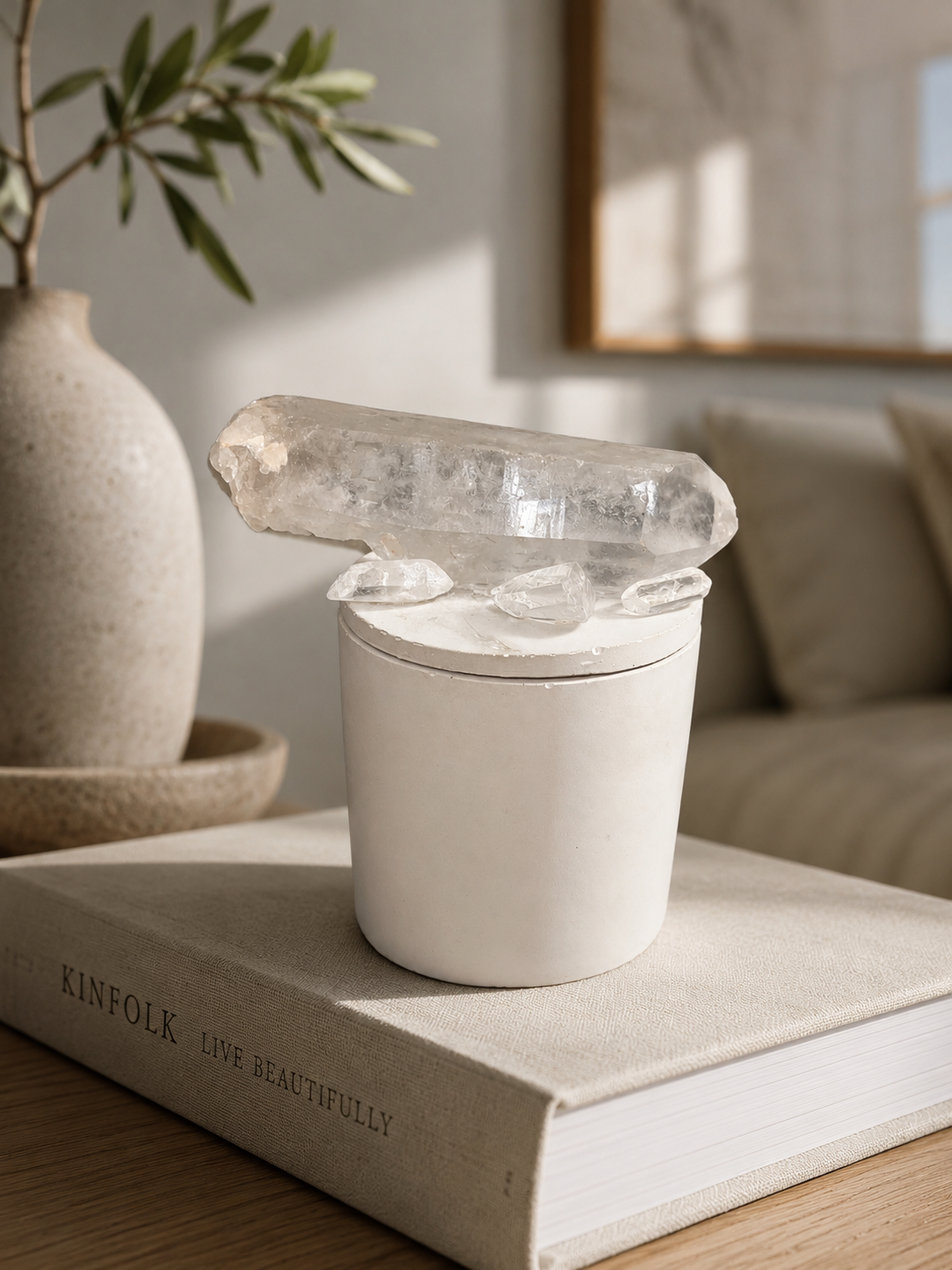 Clear quartz crystal concrete candle
