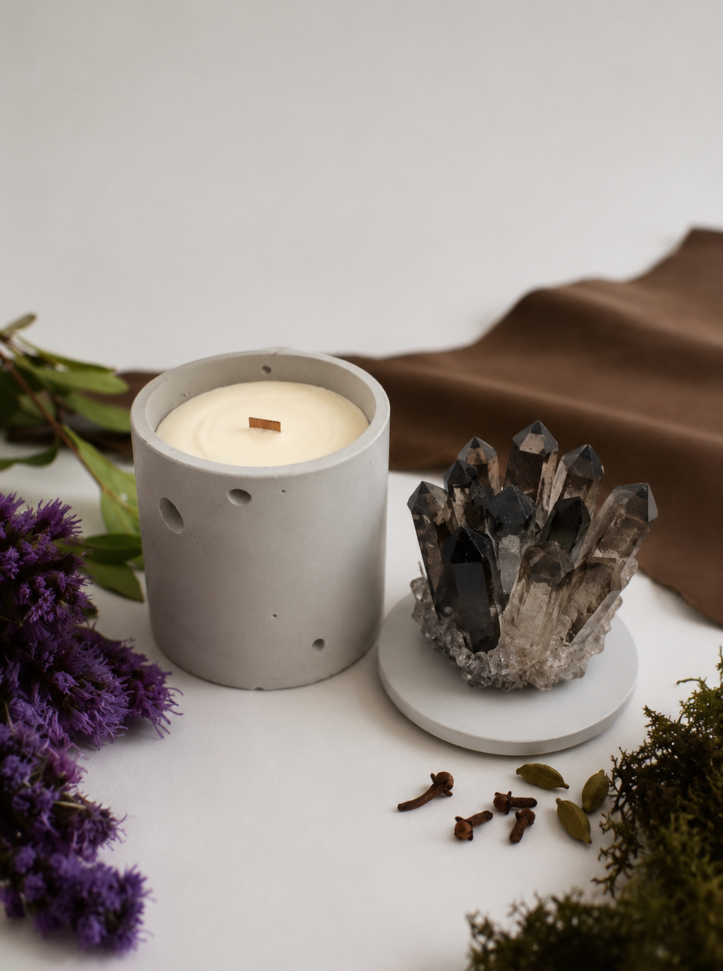 Smoky quartz crystal concrete candle