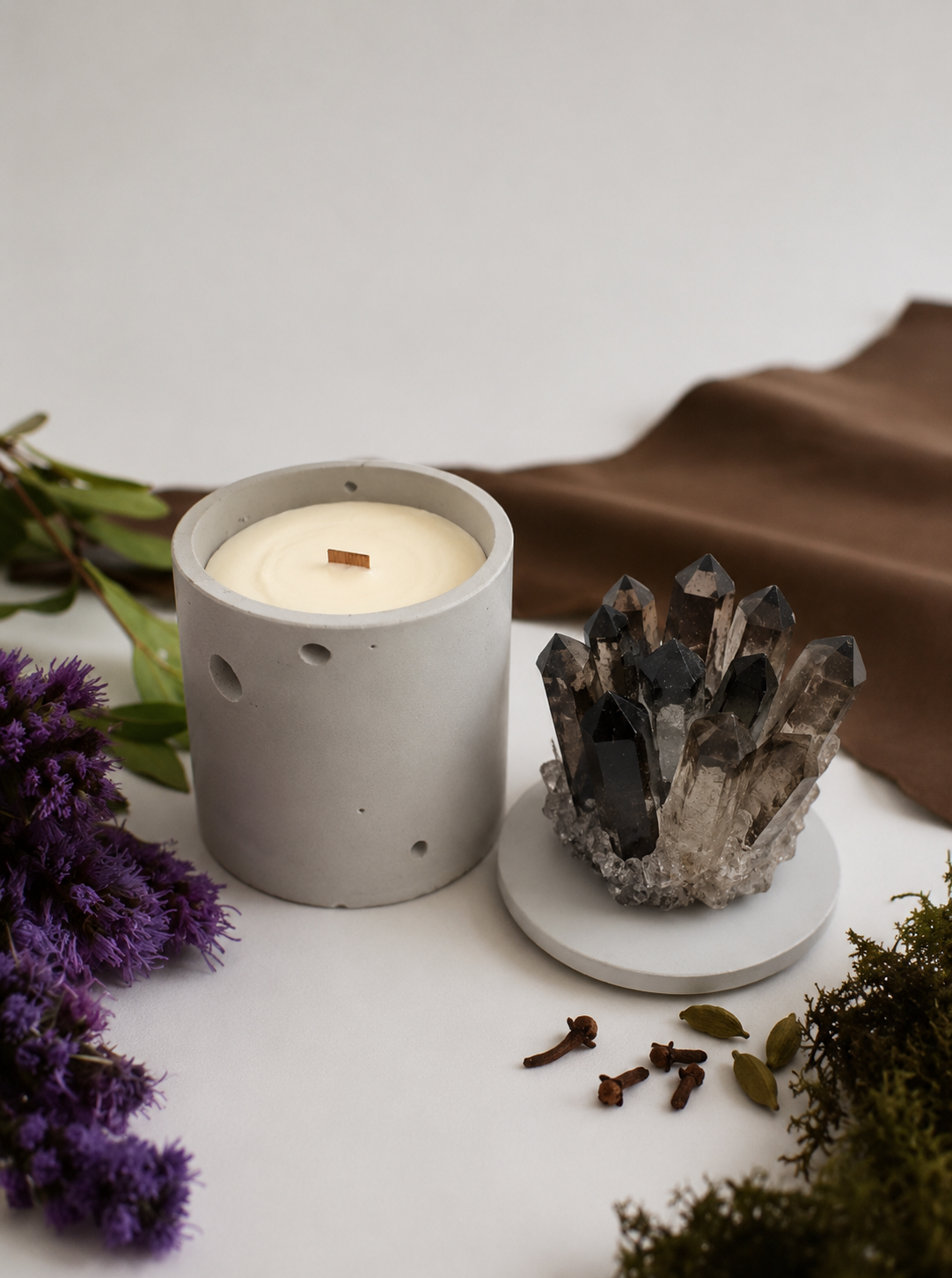 Smoky quartz crystal concrete candle