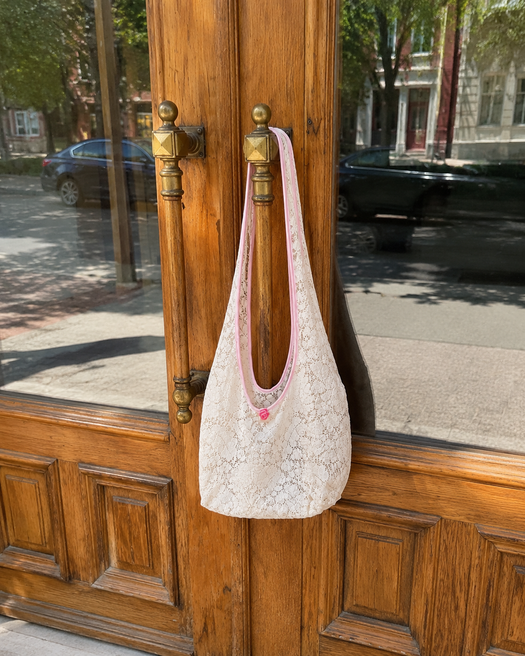 Rosé lace shoulder bag, handmade beach accessory
