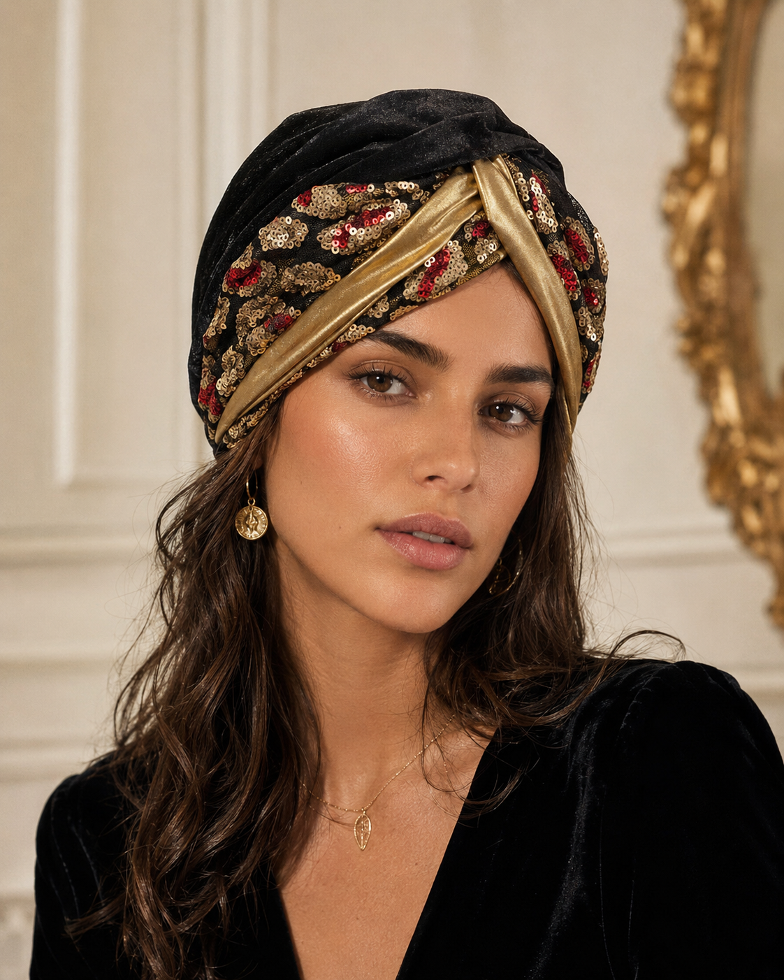 Golden Noir Sequin Turban Head Scarf